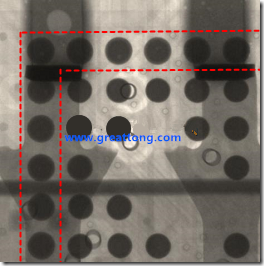 BGA錫球尺寸小于0.4mm，采用降低BGA內(nèi)圍襲球的錫膏量所得到X-Ray，稍微留意一下可以發(fā)現(xiàn)最外圈的錫量(圓的直徑)比其他內(nèi)圍的錫球上的錫量來(lái)得多一點(diǎn)點(diǎn)。也就是外圈的黑色圓形直徑比內(nèi)圈的圓形來(lái)得大一點(diǎn)點(diǎn)。