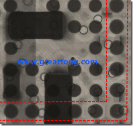 BGA錫球尺寸小于0.4mm，采用降低BGA內(nèi)圍襲球的錫膏量所得到X-Ray，稍微留意一下可以發(fā)現(xiàn)最外圈的錫量(圓的直徑)比其他內(nèi)圍的錫球上的錫量來(lái)得多一點(diǎn)點(diǎn)。也就是外圈的黑色圓形直徑比內(nèi)圈的圓形來(lái)得大一點(diǎn)點(diǎn)。