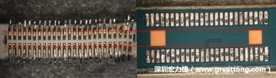 把板對(duì)板連接器與其電路板的佈線焊墊作一個(gè)比較，端子的切斷面有毛邊的地方剛好對(duì)到了裸銅區(qū)。