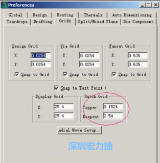  改銅皮的填充網(wǎng)格Global→Design Units，填充方向Drafting→Direction；Hatch Grid中Copper此數(shù)值為大銅箔中所填充的線條中心到中心的距離。