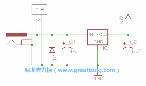 2.5.    新增一個二極體，它會以水平的狀態(tài)出現(xiàn)在屏幕上，請使用「旋轉(zhuǎn)（Rotate）」工具把它負(fù)極那一面朝上，并且用「網(wǎng)絡(luò)連接」工具將它連接在電壓調(diào)整器的輸入端和接地端之間。