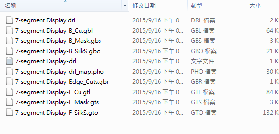 所謂Gerber檔，其實是包含一群檔案 (如下圖所示)，如包含正反面銅箔層 F.Cu B.Cu.，正反面文字面 F.Silkscreen ，B.Silkscreen，防焊層 SolderMask、板邊裁切Edge.Cuts 等。